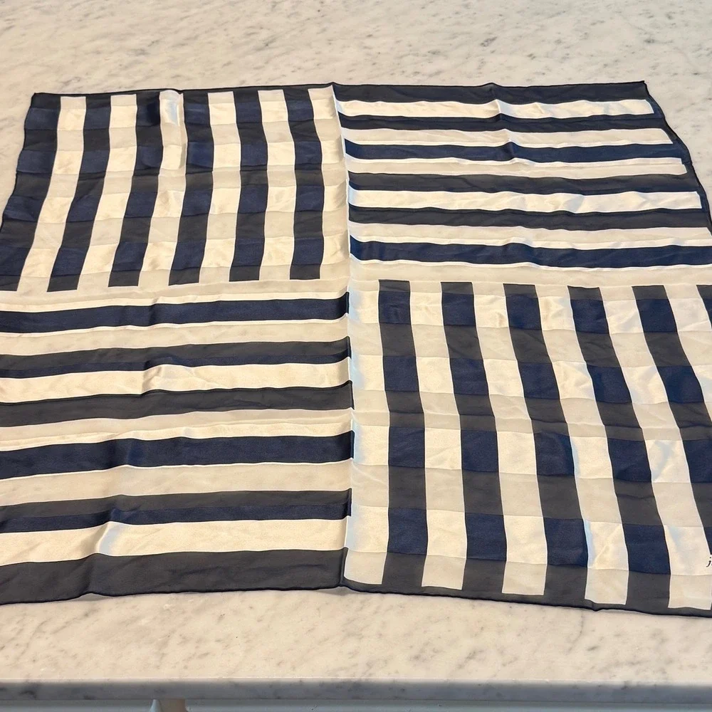 Jun Ashida Silk Scarf Navy Blue White Striped Square Large Hand Rolled Japan